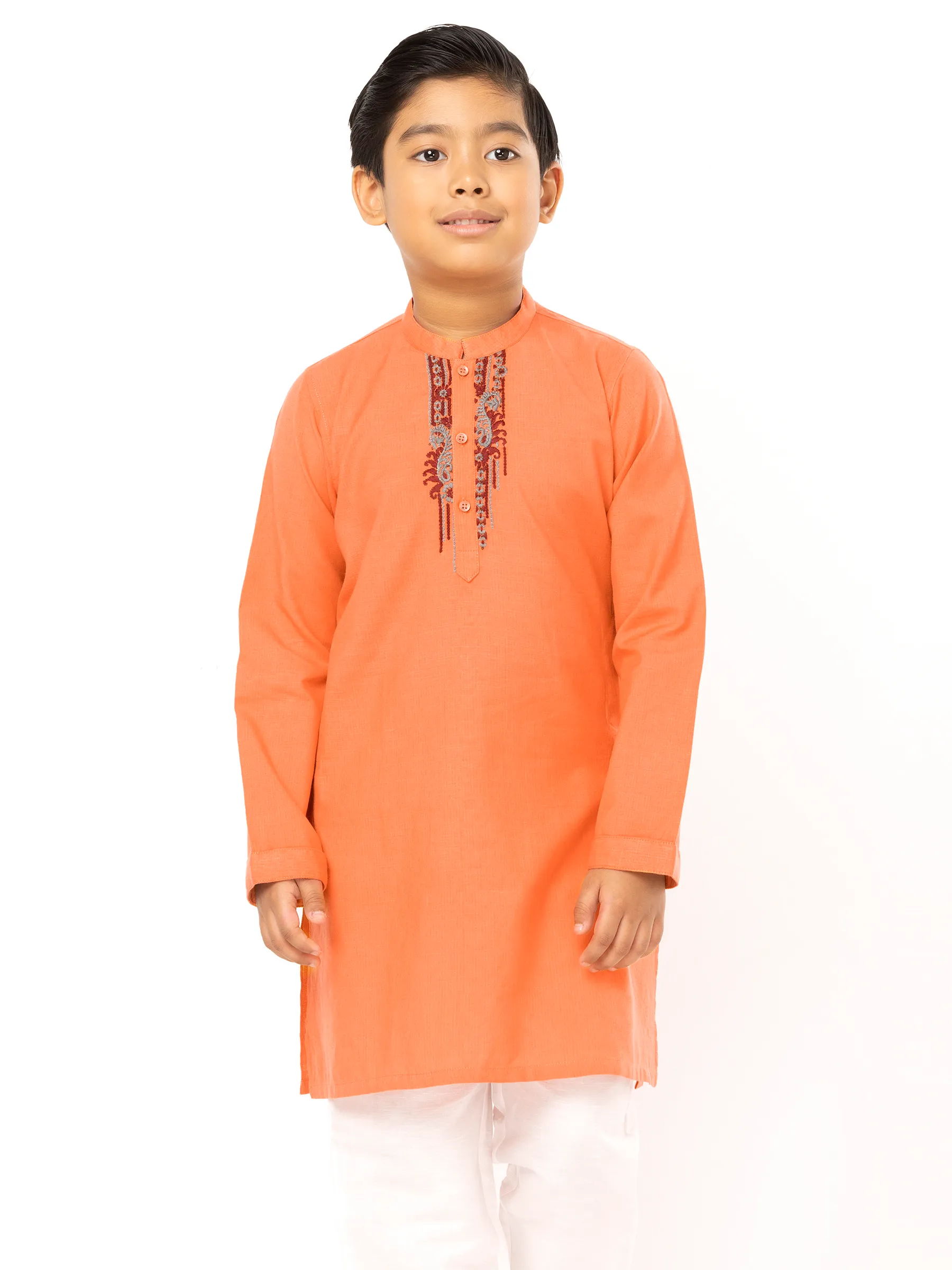 Orange Striped and Embroidered Viscose-Cotton Panjabi